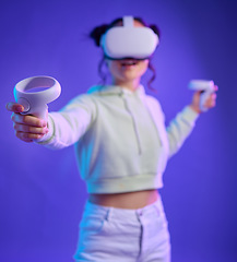 Image showing Virtual glasses, woman and games with futuristic tech, mockup and esports with blue studio background. Vr, female and happy lady with headset, gamer or augmented reality for fun, controller or future