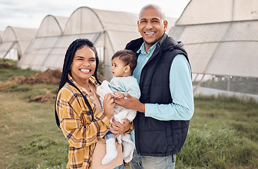 Image showing Mother, father and baby in portrait at farm, outdoor and happy for infant kid, growth and sustainable small business. Black family, child and smile for farming sustainability with love by greenhouse