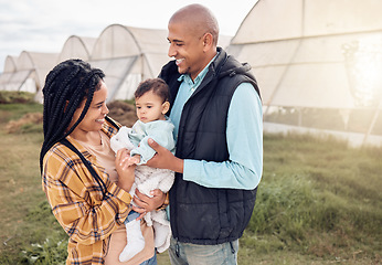 Image showing Mom, father and baby with smile at farm, outdoor and happy for infant kid, growth and sustainable small business. Black family, child and excited for farming sustainability with love by greenhouse