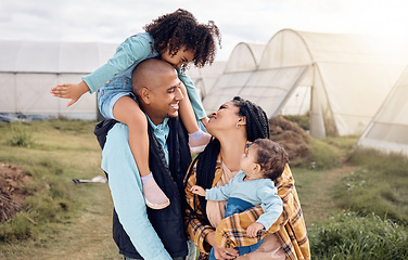 Image showing Farmer family in countryside, happy people with agriculture and farm land, mother and father with children outdoor. Happiness, peace and sustainability, parents and kids farming together with agro