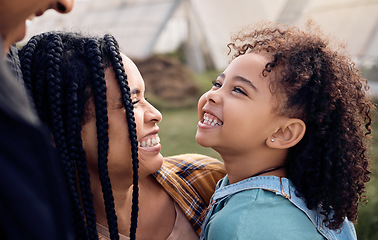 Image showing Black family, farm or face with a girl, mother and father playing outdoor on a field for agriculture. Kids, happy or bonding with parents and their daughter together for sustainability farming