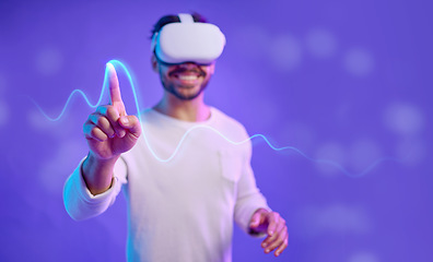 Image showing Futuristic, hand and virtual reality, man and screen touch, metaverse and technology innovation in studio. Digital transformation, ux and gaming, cyber tech overlay and vr goggles with mockup space