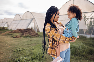 Image showing Mother, kids and greenhouse farming on field for sustainability, growth and eco environment, Agriculture of happy black family, mom and children in garden, sustainable countryside and smile in nature