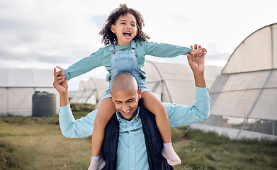 Image showing Farm, family and father with girl on shoulder enjoying quality time, bonding and play in countryside field. Agriculture, sustainable farming and dad with daughter smile for love, affection and happy