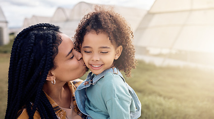 Image showing Farming, mother and kids kiss on field, greenhouse and sustainability in eco environment, Agriculture of happy black family, mom and children with love in garden, sustainable countryside and nature