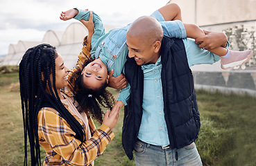 Image showing Black family, farm or fun with a girl, mother and father playing outdoor on a field for agriculture. Kids, happy or bonding with parents and their daughter together for sustainability farming