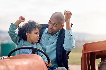 Image showing Farming, dad and child celebration of farm and countryside work on a farmer tractor outdoor. Black family, cheering and young boy with father in nature doing sustainability and eco friendly job