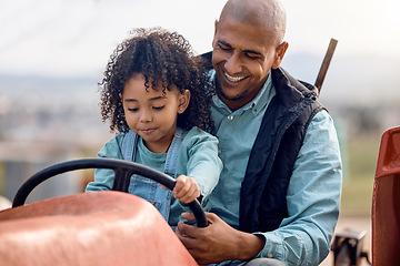 Image showing Agriculture, father and daughter on tractor, love and bonding together, outdoor and happiness. Family, dad and girl on farming vehicle, playful or child development on break, smile or loving on break