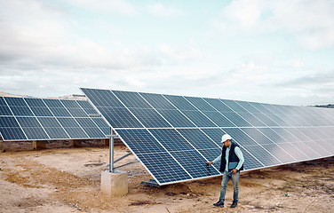 Image showing Engineering man, solar panel inspection outdoor for renewable energy, sustainability and future of planet. Photovoltaic technology, clean electricity innovation and sustainable goals for earth safety