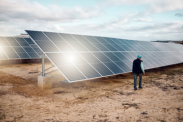 Image showing Engineer man, desert and solar panel inspection for future, renewable energy and sustainability of planet. Photovoltaic innovation, clean electricity technology and sustainable goals for earth safety