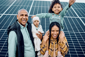 Image showing Black family, children or solar panel with parents and daughter siblings on a farm together for sustainability. Kids, love or electricity with man and woman girls bonding outdoor for agriculture