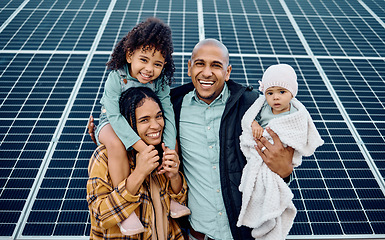 Image showing Black family, children or solar energy with parents and daughter siblings on a farm together for sustainability. Kids, love or electricity with man and woman girls bonding outdoor for agriculture