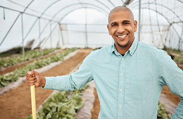 Image showing Man, portrait or farming tool in greenhouse, agriculture land or sustainability field for vegetables harvesting. Smile, happy or farmer with gardening equipment for soil, lettuce or growth management