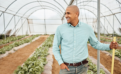 Image showing Farmer, thinking or farming tool in agriculture land, greenhouse or sustainability field of vegetables ideas. Smile, happy or worker man and countryside equipment in soil or lettuce growth management