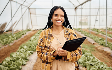 Image showing Greenhouse, agriculture and black woman with vegetables growth checklist, agro business development and portrait. Farming, gardening and sustainability person with portfolio for inspection and smile