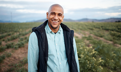 Image showing Farmer, happy or portrait in countryside field, agriculture nature or sustainability environment with plants growth goals. Smile, worker or farming man with success mindset, agro vegetables or ideas