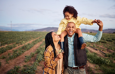 Image showing Black family, piggyback and portrait at agriculture farm, laughing at funny joke and bonding together. Love, agro and care of father, mother and girl, kid or child on field for harvest and farming.