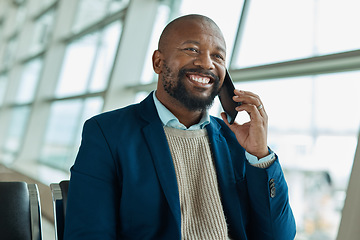 Image showing Black man, phone call and smile at airport for business travel, trip or communication waiting for plane. African American male smiling for conversation, traveling or flight schedule on smartphone