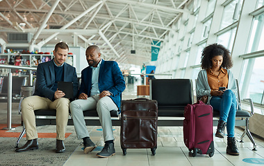 Image showing Airport travel, technology or relax people review investment, stock market database and black woman contact online user. Economy, diversity or crypto trader teamwork on NFT, bitcoin or forex trading