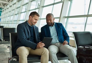 Image showing Airport diversity, tablet or business people teamwork on finance portfolio review, stock market database or investment. Economy, travel or crypto trader collaboration on NFT, bitcoin or forex trading