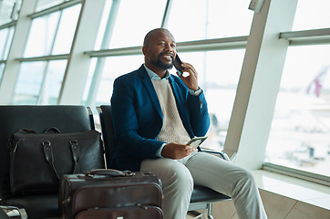 Image showing Black man, phone call and passport at airport for business travel, trip or communication waiting for flight. African American male with smile for conversation, schedule or plain times on smartphone