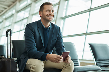 Image showing Airport, passport and happy man for travel opportunity, immigration and relax in lobby waiting room for flight. Excited person or international businessman, identity document and luggage or suitcase