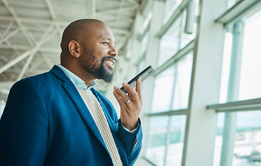 Image showing Black man, phone call and communication at airport window for business travel or trip waiting for flight. African American male traveler smile for conversation, voice note or discussion on smartphone