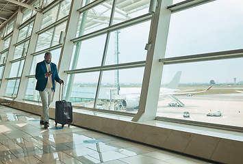 Image showing Airport travel, phone or black man walking to airplane, flight booking or corporate transportation journey. Luggage suitcase, plane departure or typing businessman contact online user on holiday trip