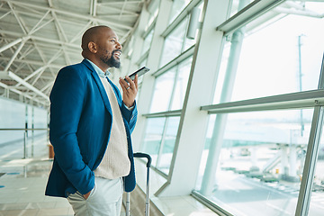 Image showing Black man, phone call and luggage at airport for business trip, travel or communication waiting for flight. African American male smile for conversation on smartphone and looking out window for plain