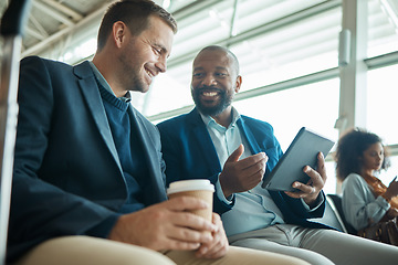 Image showing Tablet, airport and business people with online flight update, travel news and digital schedule planning. Communication, lobby and tech of international, corporate black man and partner opportunity