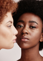 Image showing Beauty, black woman and portrait with a friend profile for skincare, dermatology and spa aesthetic. Facial, skin glow and young person face with a female for cosmetics, detox and wellness treatment