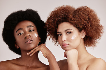 Image showing Portrait, women and friends with cream, skincare and dermatology against grey studio background. Face lotion, ladies and females with creme, morning routine or salon treatment for smooth or soft skin