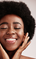 Image showing Cosmetics, black woman and funny face with skincare, dermatology and girl on grey studio background. African American female, lady and makeup for morning routine, salon treatment luxury for grooming