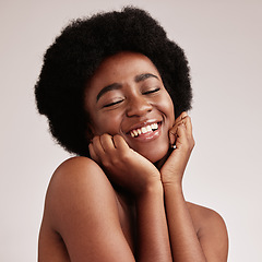 Image showing Skincare, beauty and face of black woman in studio happy with dermatology, cosmetic and makeup. Aesthetic model with hands on natural facial skin for self love, health and wellness for spa background