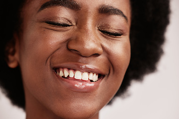 Image showing Beauty, face or afro hair and teeth, dental care or mouth hygiene in healthcare, wellness or model grooming. Zoom, smile or happy black woman and skincare glow, clean orthodontics or makeup cosmetics