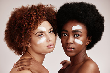 Image showing Beauty, cream and diversity black women portrait in studio with dermatology cosmetic skincare. Aesthetic model friends for color, self love and spa wellness with facial skin glow and natural hair