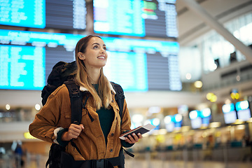 Image showing Travel, airport and excited woman with passport. travel ticket and documents for immigration, journey and flight schedule. Backpack person with identity document search for international registration