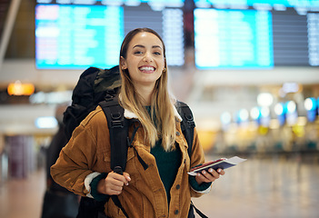 Image showing Airport, travel and portrait of woman with passport, flight ticket or information of immigration, journey and backpack. Young person, identity document and international registration. faq or about us