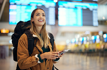 Image showing Airport, travel and backpack woman with passport, flight ticket and documents for immigration, journey and schedule. Happy person, identity document search and international registration information