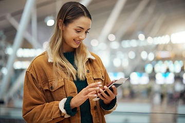 Image showing Phone, passport and woman with travel ticket, website application and online payment at airport for journey. Search, global person on smartphone and identity document for international registration