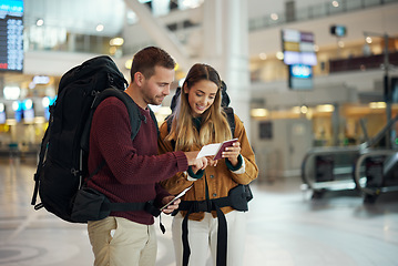 Image showing Love, couple and in airport with passport, traveling and check passport for information, airline and summer vacation. Romance, man and woman with happiness, holiday and confirm travel time and break