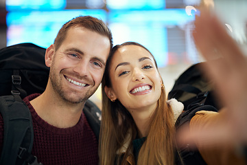 Image showing Couple, love and travel selfie at airport lobby taking pictures for holiday, vacation or global traveling. Portrait, flight and man and woman take photo for social media, profile or happy memory.