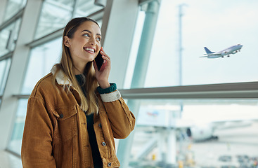 Image showing Phone call, travel and woman talking at airport, chatting or speaking to contact in lobby. Communication, mobile and happy female with smartphone for networking while waiting for flight departure.