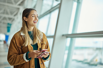 Image showing Passport, travel and woman with phone at airport lobby for social media, internet browsing or web scrolling. Thinking, mobile and laughing female with smartphone and document for global traveling.