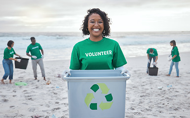 Image showing Recycle, box and portrait of woman at beach for plastic, environment or earth day cleaning. Recycling, sustainability or climate change with volunteer and trash for community service and eco friendly