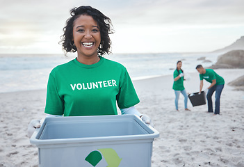 Image showing Recycle, smile and portrait of woman at beach for plastic, environment or earth day cleaning. Recycling, sustainability and climate change with volunteer and trash for pollution and eco friendly