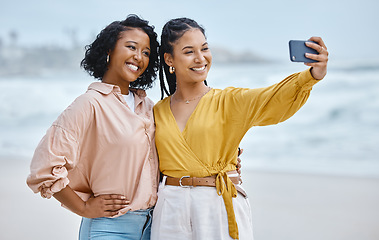 Image showing Beach, selfie or friends on holiday in summer vacation with a happy smile while bonding in Miami, Florida. Travel, freedom and women hugging for photo, profile picture or social media post in Miami