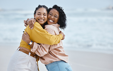 Image showing Beach, hug and happy couple of friends for lgbtq, queer love and freedom on vacation together in gen z youth. Black woman and partner on a date, relax and excited for valentines holiday by the ocean