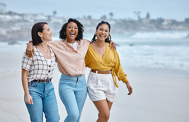 Image showing Diversity, friends and beach, hug and walk while laughing, relax and talking against nature background. Travel, women and group embrace while walking at the sea, happy and smile on ocean trip in Bali