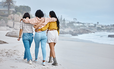 Image showing Beach, hug or friends walking to relax on holiday vacation while talking or bonding in nature together. Back view, trust or group of women relaxing at sea enjoy traveling on fun ocean trips in Miami